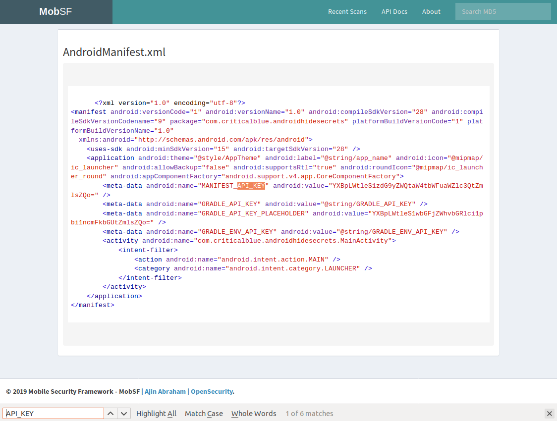 Screenshot from MobSF page to inspect the Android manifest