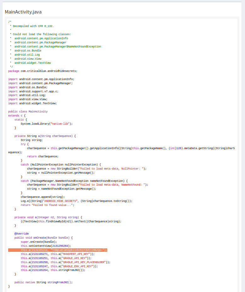 Screenshot from MobSF page to inspect a java file