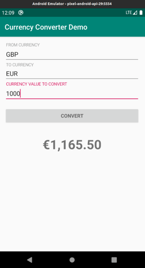 Screenshot from a currnecy conversion on the Currency Converter Demo app
