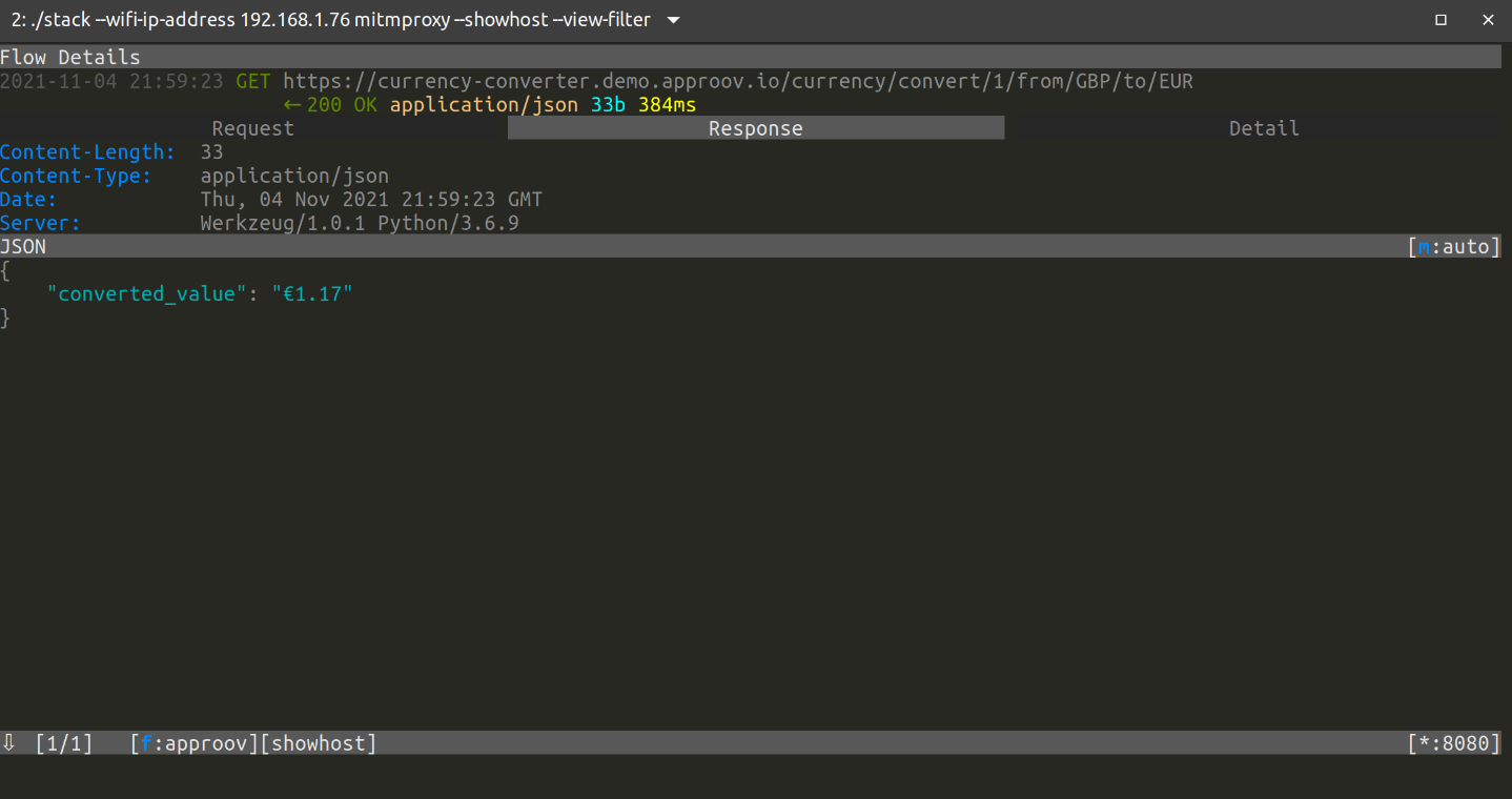 Screenshot from the mitmproxy CLI with the details of the intercepted request to get the currency conversion.